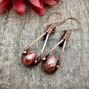 Peach moonstone copper wire wrapped earrings